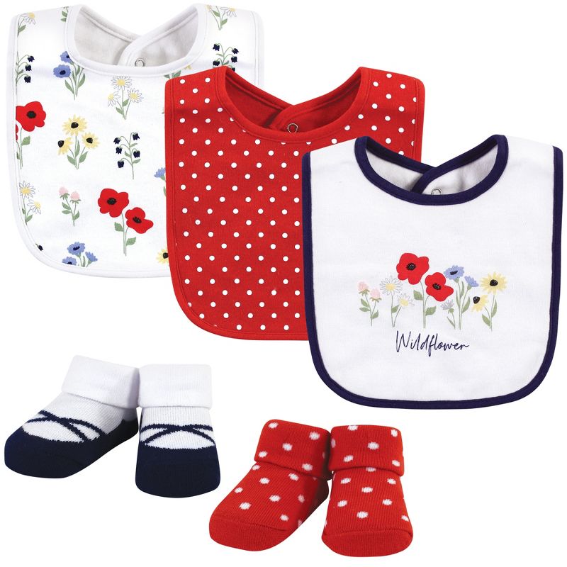 Hudson Baby Infant Girl Cotton Bib and Sock Set, Wildflower, One Size, 1 of 7
