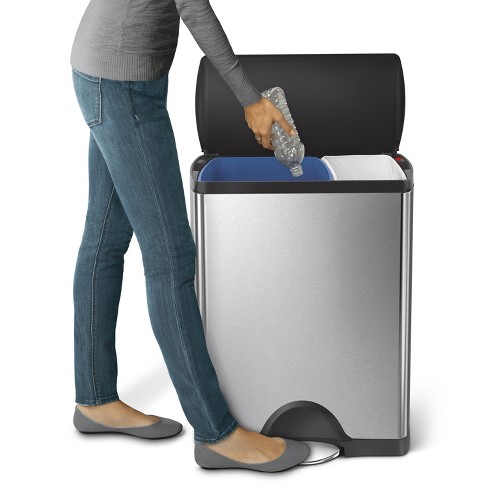 simplehuman studio 46 Liter Rectangular Step Trash Can With Dual Compartment - Stainless Steel with Black Lid