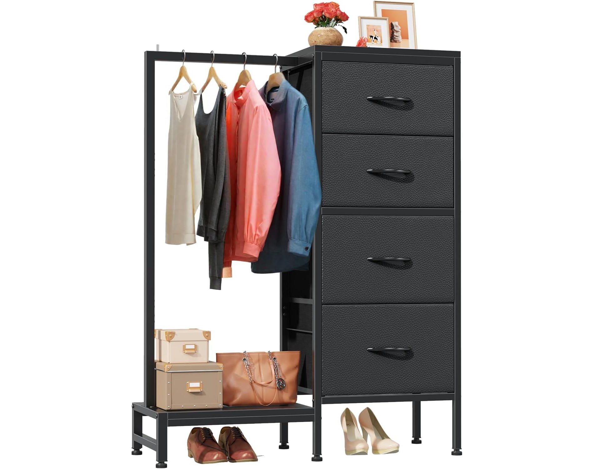 Dresser with Hanging Rack, 4 Drawers Small Closet for Bedroom, Reversible Fabric Kids Chest of Drawers with Clothes Rack, Tall Storage Tower, 44''H