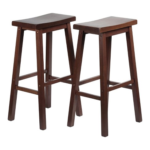 PJ Wood Classic Saddle Seat 29 Inch Tall Kitchen Counter Stools for Homes Dining Spaces and Bars w Backless Seats 4 Square Legs Walnut Set of 2