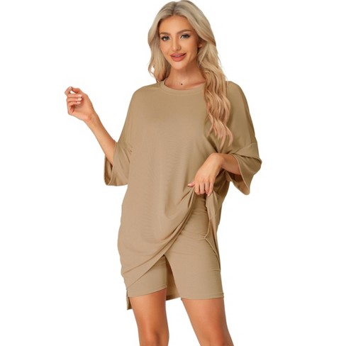 Cheibear Women's 2 Pieces Lounge Sets Sleepwear Knit Loose Fit T-shirt With  Biker Shorts Sweatsuits Khaki Xx-large : Target