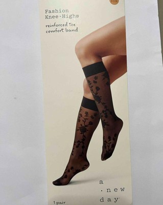 Women's Deco Plaid Sheer Fashion Knee Highs - A New Day™ Black One