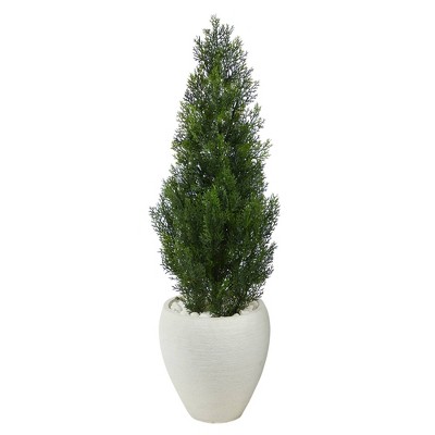 3.5' Indoor/Outdoor Mini Cedar Artificial Pine Tree in Planter White/Green - Nearly Natural