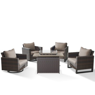 Buenhomino Patio Wicker Furniture Set with Fire Pit Table, PE Rattan Swivel Patio Chairs with Propane Fire Pit Table, 5PCS Patio Conversation Set