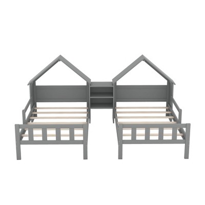 APRILSOUL Double Twin Size Platform Bed with House-shaped Headboard and a Built-in Nightstand