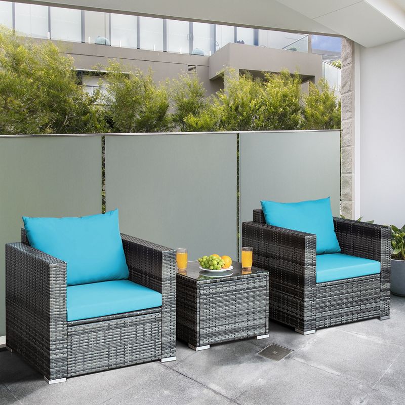 Tangkula 3PCS Rattan Patio Conversation Furniture Set Outdoor Yard w/ Turquoise Cushion, 3 of 11