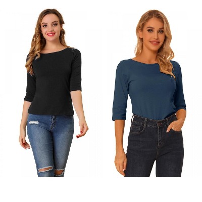 Allegra K Women's Classic Solid Elbow Sleeves Round Neck Slim Fit T-Shirts 2 Packs