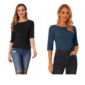 Allegra K Women's Classic Solid Elbow Sleeves Round Neck Slim Fit T-Shirts 2 Packs - 1 of 4