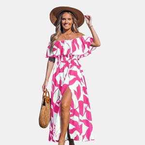 Women's Off-Shoulder Ruffle Smoked Waist Printed Maxi Dress - Cupshe - 1 of 4