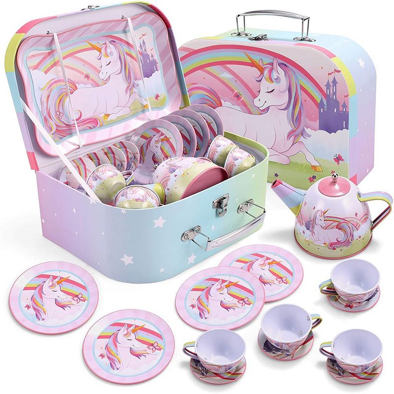 Joyin Unicorn Tin Teapot for Girls, Princess Tea Party Set Kitchen Toy with Teapot, Cups, Plates and Carrying Case for Birthday Gifts, 1 of 8