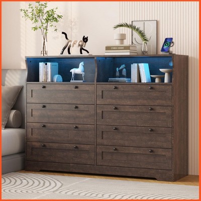 Homhougo Dresser for Bedroom Deep Drawers, 55 Inch Tall Bedroom Dressers, Large Modern 8 Drawers Dressers and Tv Stand Antique Dark Color