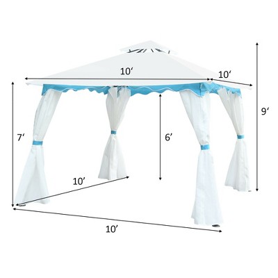 White and Blue 10' x 10' Patio Gazebo Canopy Tent with Curtains