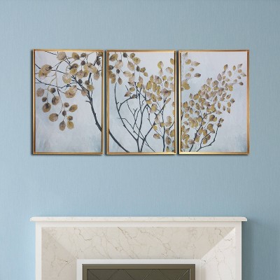 Golden Branches Triptych Canvas Wall Art with Gold Frame