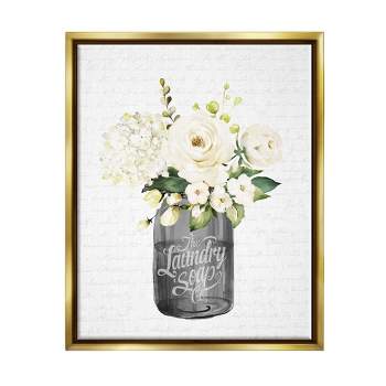 Stupell Industries White Flower Blossoms Laundry Jar Fancy Script Floater Canvas Wall Art