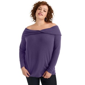 June + Vie by Roaman's Women's Plus Size Off-The-Shoulder Top - 1 of 4