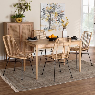 Baxton Studio Manhattan Modern Bohemian Rattan and Natural Oak Finished Wood 5-Piece Dining Set