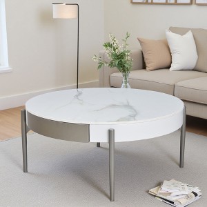 Round Wood & Stone Coffee Table with Drawers - 1 of 4