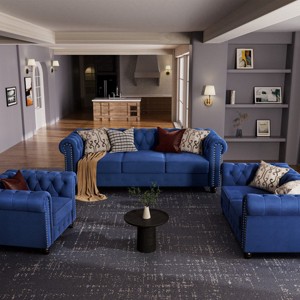 6 Seater Velvet Couches for Living Room Sets, Chesterfield Sofa Loveseat and Armchair 3 Pieces -Morden Fort - 1 of 4