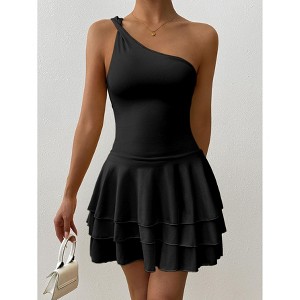 Coolmee Women's Off Shoulder Sleeveless Bodycon Mini Dress Ruffle Hem Party Club Short Dress Black L
