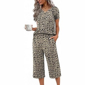 Ekouaer Women's Pajama Sets Short Sleeve Sleepwear Button Up Pj Loungewear Top and Capri Pants with Pockets - 1 of 4