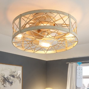 POWLIG 19.7" Round Industrial Ceiling Fan with Light Kit & Remote - White Gold Finish, Dual Season Mode, 6 Speeds, Timer - 1 of 4