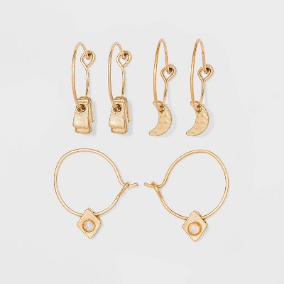 Mixed Semi-Precious with Geometric and Moon Charms Hoop Earring Set 3pc - Universal Thread™ Worn Gold
