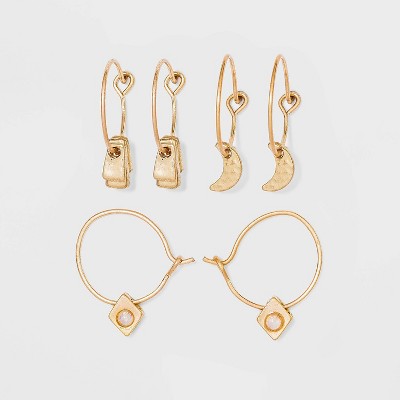 Mixed Semi-Precious with Geometric and Moon Charms Hoop Earring Set 3pc - Universal Thread™ Worn Gold