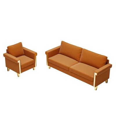 TiramisuBest Orange Velvet Sofa and Armchair Set,Mid-Century Modern Living Room Furniture with Gold Metal Accents,Plush Couch and Matching Chair