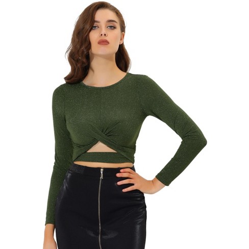 Allegra K Women's Glitter Long Sleeve Cut Out Twist Front Slim Crop Top Army Green Medium : Target