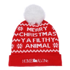 Home Alone Merry Christmas Fold Cuff Pom Adult Knit Beanie Red - 1 of 4