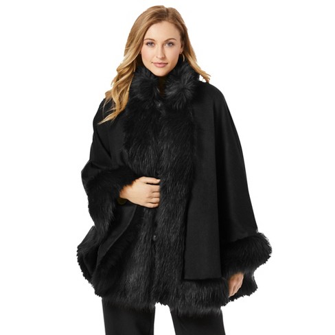 Jessica London Women's Plus Size Faux Fur Trim Wool Cape, 14/16 - Black