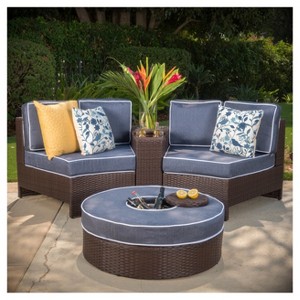 Madras Ibiza 4pc Wicker 1/2 Round Seating Set with Ice Bucket Ottoman - Navy Blue - Christopher Knight Home: All-Weather, UV-Resistant - 1 of 4