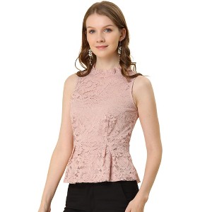 INSPIRE CHIC Women's Ruffle Neck Keyhole Back Sleeveless Floral Lace Peplum Blouses - 1 of 4