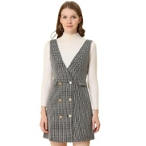 Allegra K Women's Elegant Vintage Button Front V Neck Plaid Tweed Overalls Pinafore Dress - 1 of 4