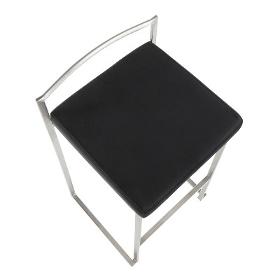 Fuji Brushed Stainless Steel Stackable Counter Stools with Black Velvet Cushion, Set of 2
