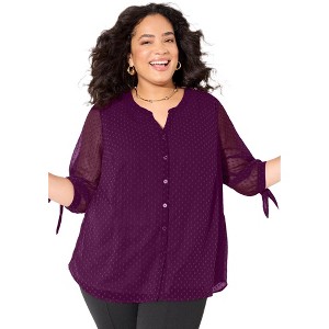 Catherines Women's Plus Size Petite Swiss Dot Tie Sleeve Blouse - 1 of 4