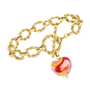 Ross-Simons Italian Pink and Red Murano Glass Heart Charm Toggle Bracelet in 18kt Gold Over Sterling - 1 of 3