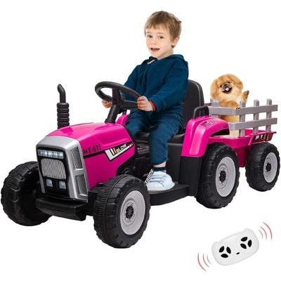 12V Kids Electric Tractor with Trailer, Battery Powered Ride-On Car for Toddlers 3-6, Remote Control, 7 LED Headlights, 2+1 Gear Shift