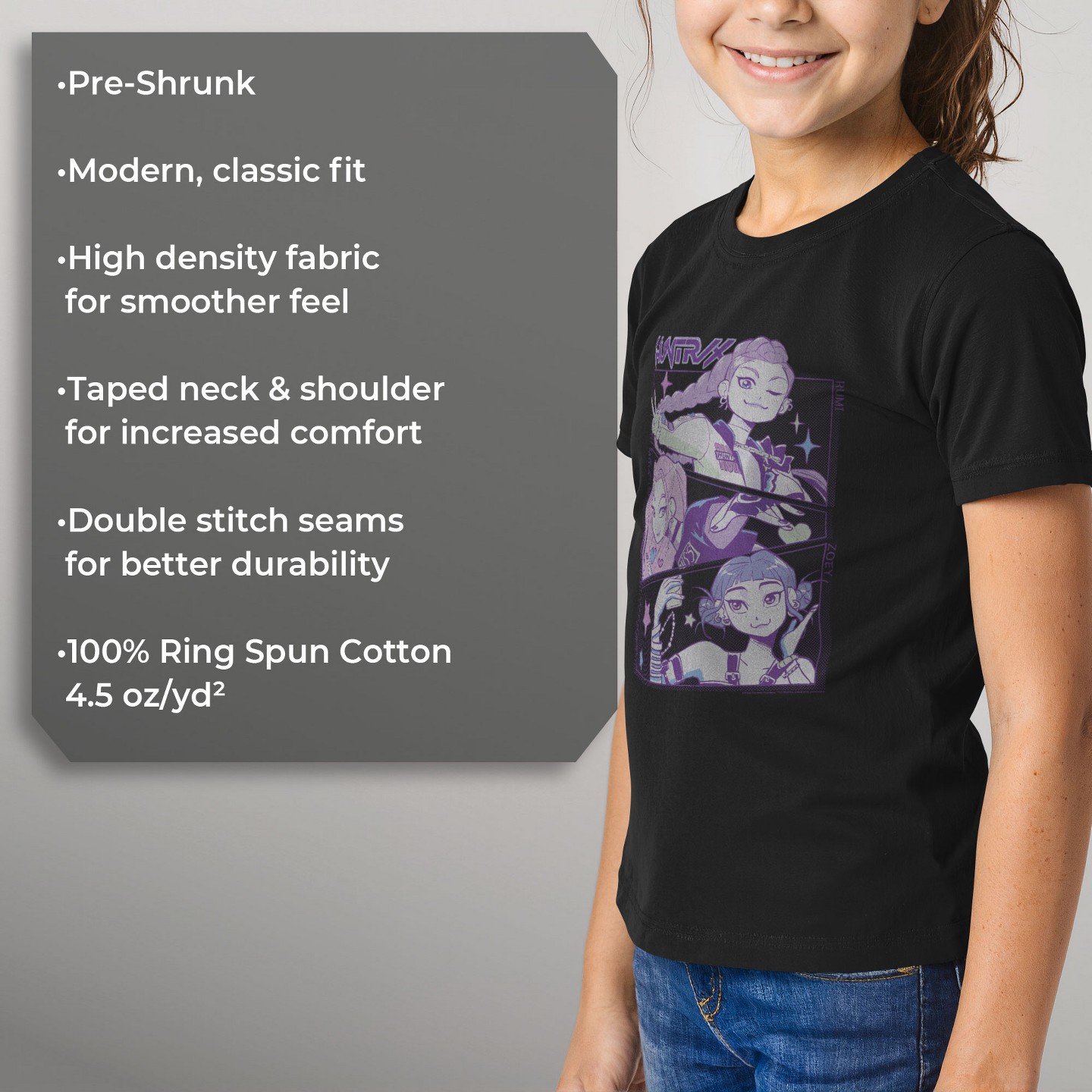 Футболка KPop Demon Hunters HUNTR/X Group Comic Panels T Shirt - Black для девочек, цвет: Чёрный — фото 6