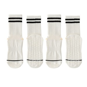 Anna-Kaci Women's 2-Pair Set Crew Athletic Socks with Striped Cuffs and Full Sole Grip for Yoga Fitness - 1 of 4