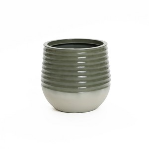LuxenHome Emerald Ribbed Top with Ivory Bottom 14.6" Tall Resin Round Planter Green - 1 of 4