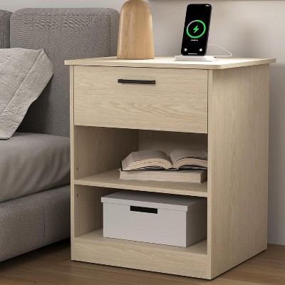 CIPACHO Natural Wooden Night Stand with Charger Station USB Type-C AC Outlets 1 Drawer Open Storage
