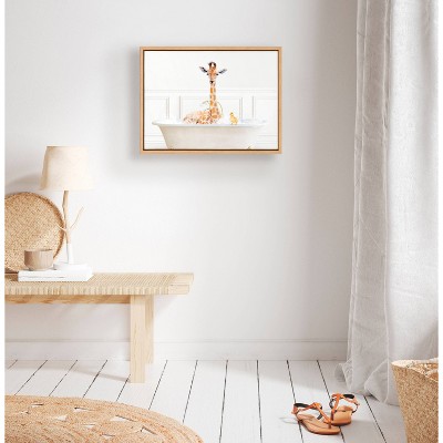 Natural Framed Canvas with Whimsical Giraffe in Bubble Bath Print