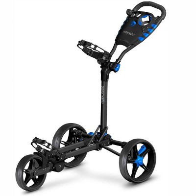 SereneLife 3 Wheel Folding Walking Golf Bag Push Pull Cart Holder with Elastic Strap, Top and Bottom Brackets, Scorecard and Umbrella Holder, Black