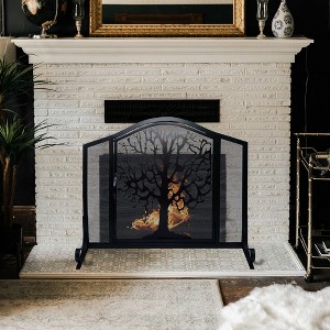Royal Hampton Tree of Life Arched Top Fireplace Screen, 3 Panel Iron Mesh Design, 43 Inch - 1 of 4