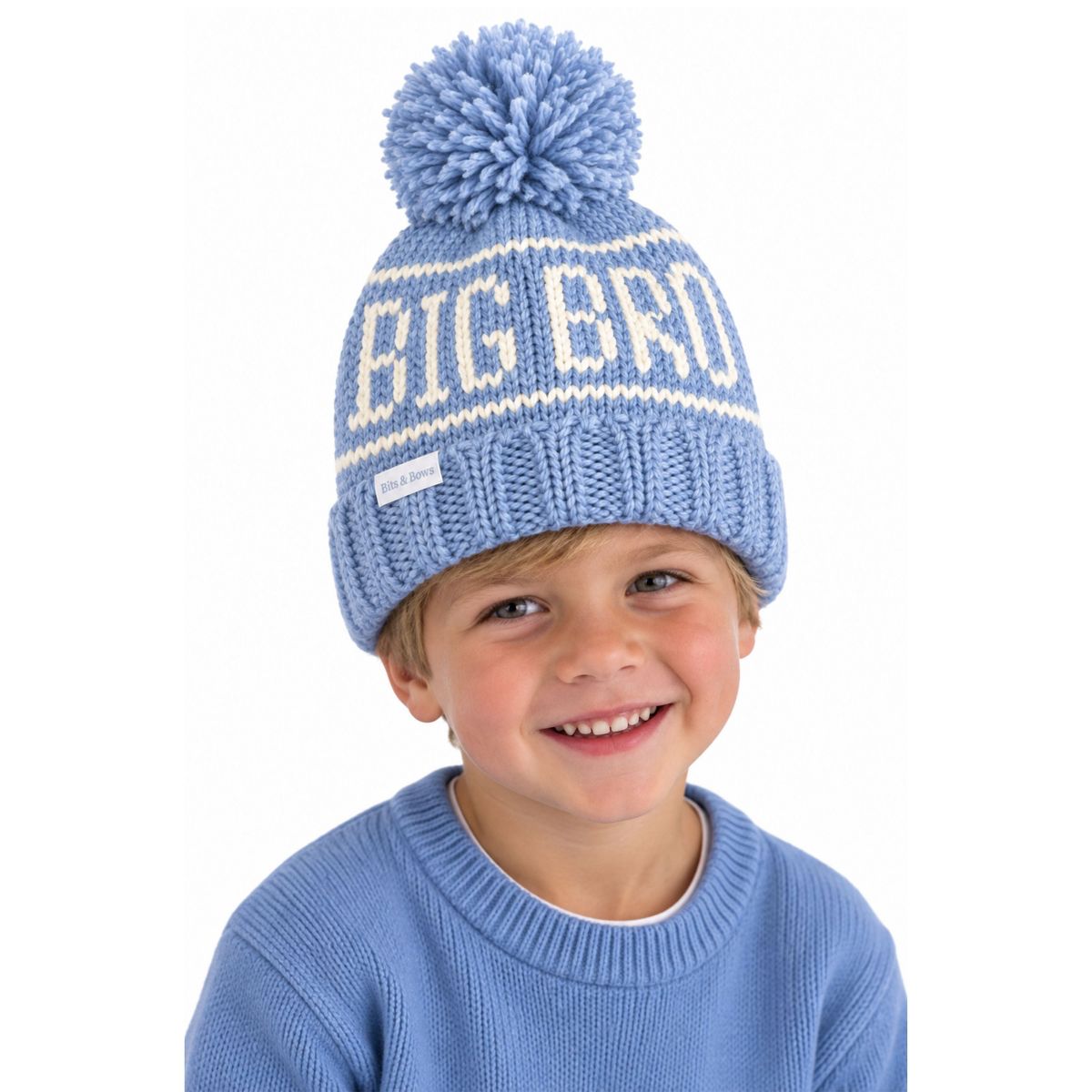 Bits & Bows Boys' Big Bro Bobble Hat, Blue - thumbnail 2