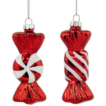 Northlight Set of 2 Shiny Red and White Glittered Candy Christmas Glass Ornaments 4"