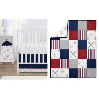 Sweet Jojo Designs Boy Baby Crib Bedding Set - Baseball Patch Collection Red, White, Blue and Grey 4pc