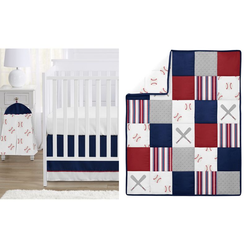 Sweet Jojo Designs Boy Baby Crib Bedding Set - Baseball Patch Collection Red, White, Blue and Grey 4pc, 1 of 8