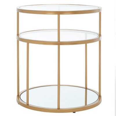 Gold and Clear Round Metal Glass Accent Table with Shelves